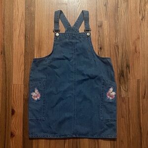 Girls Navy Denim Pinafore Dress with Butterfly Pockets